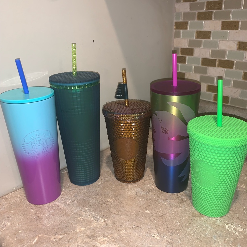 BNWT GREEN AND LIME GREEN GRIDDED LARGE STARBUCKS TUMBLER WITH STRAW! - Picture 5 of 5